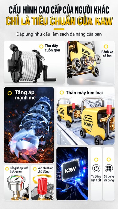 Máy Rửa Xe Cao Áp Di Động KAW Dòng PRO CT Có Cuộn Dây, Vỏ Kim Loại, Áp Lực 145 Bar, Điện 220V