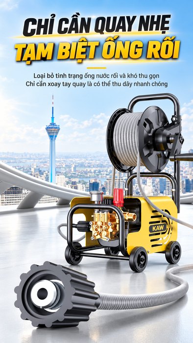 Máy Rửa Xe Cao Áp Di Động KAW Dòng PRO CT Có Cuộn Dây, Vỏ Kim Loại, Áp Lực 145 Bar, Điện 220V