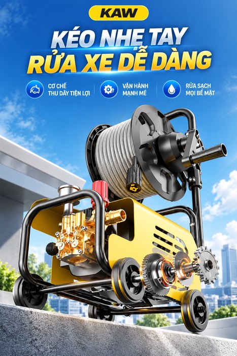 Máy Rửa Xe Cao Áp Di Động KAW Dòng PRO CT Có Cuộn Dây, Vỏ Kim Loại, Áp Lực 145 Bar, Điện 220V
