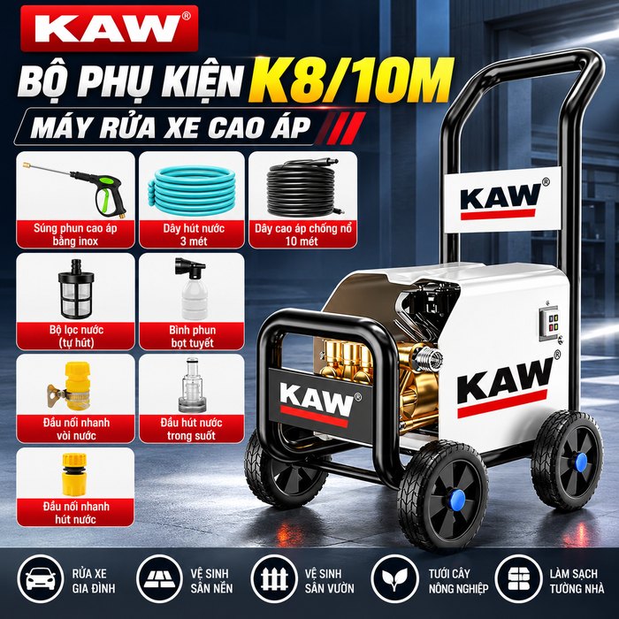 Máy Rửa Xe Cao Áp KAW Snow Eagle K8 4000W, Áp Lực 22.5MPa, Lưu Lượng 1080L/H, Có Cuộn Dây 10m