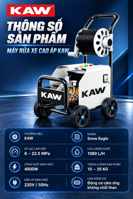 Máy Rửa Xe Cao Áp KAW Snow Eagle K8 4000W, Áp Lực 22.5MPa, Lưu Lượng 1080L/H, Có Cuộn Dây 10m