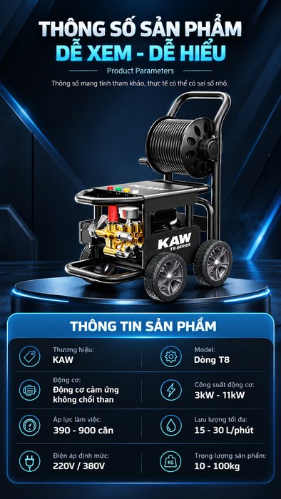 Máy Rửa Xe Cao Áp KAW T8 Có Cuộn Dây, Động Cơ Cảm Ứng Lõi Đồng 11kW, Đầu Bơm Trục Khuỷu Đồng, Áp Lực 30MPa