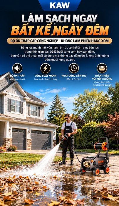 Máy Rửa Xe Cao Áp KAW X27 Bản Nâng Cấp Có Cuộn Dây, Tăng Áp Vortex 18MPa, Phun Xa 15m, Bánh Xe Địa Hình