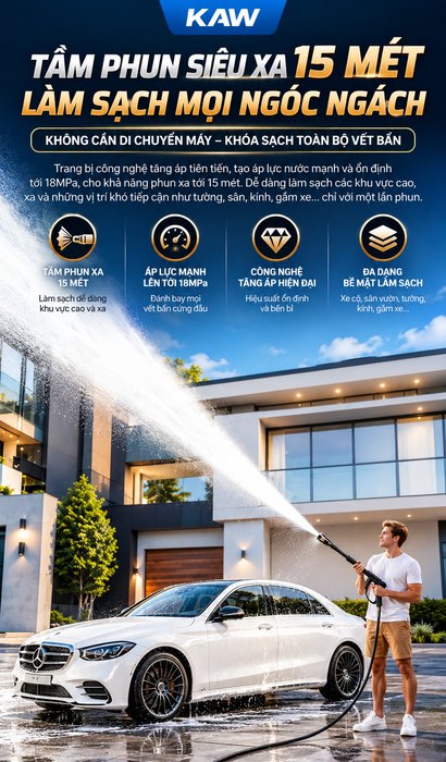 Máy Rửa Xe Cao Áp KAW X27 Bản Nâng Cấp Có Cuộn Dây, Tăng Áp Vortex 18MPa, Phun Xa 15m, Bánh Xe Địa Hình
