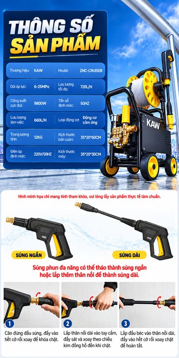 Máy Rửa Xe Cao Áp KAW ZNC Cruiser V8 9800W Có Cuộn Dây 15m, Động Cơ Cảm Ứng, Áp Lực 6-25MPa