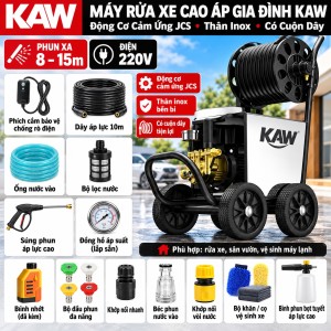 Máy Rửa Xe Cao Áp Gia Đình KAW Động Cơ Cảm Ứng JCS, Thân Inox, Có Cuộn Dây, Phun Xa 8-15m, Điện 220V