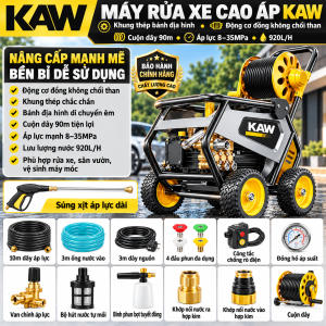 Máy Rửa Xe Cao Áp KAW Khung Thép Bánh Địa Hình, Động Cơ Đồng Không Chổi Than, Cuộn Dây 90m, Áp Lực 8-35MPa, 920L/H