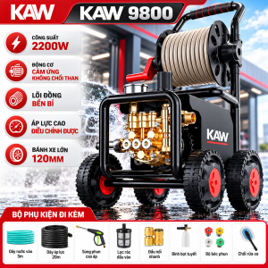 Máy Rửa Xe Cao Áp KAW 9800 Có Cuộn Dây, Động Cơ Cảm Ứng Không Chổi Than Lõi Đồng 2200W, Bánh Xe Lớn 120mm
