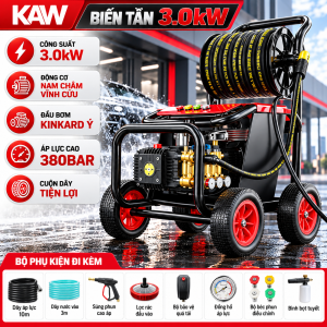 Máy Rửa Xe Cao Áp KAW Biến Tần 3.0kW Có Cuộn Dây, Động Cơ Nam Châm Vĩnh Cửu, Đầu Bơm Kinkard Ý, 380bar