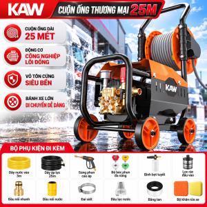 Máy Rửa Xe Cao Áp KAW Cuộn Ống Thương Mại 25m, Động Cơ Lõi Đồng Công Nghiệp, Vỏ Tôn Cứng, Bánh Xe Lớn