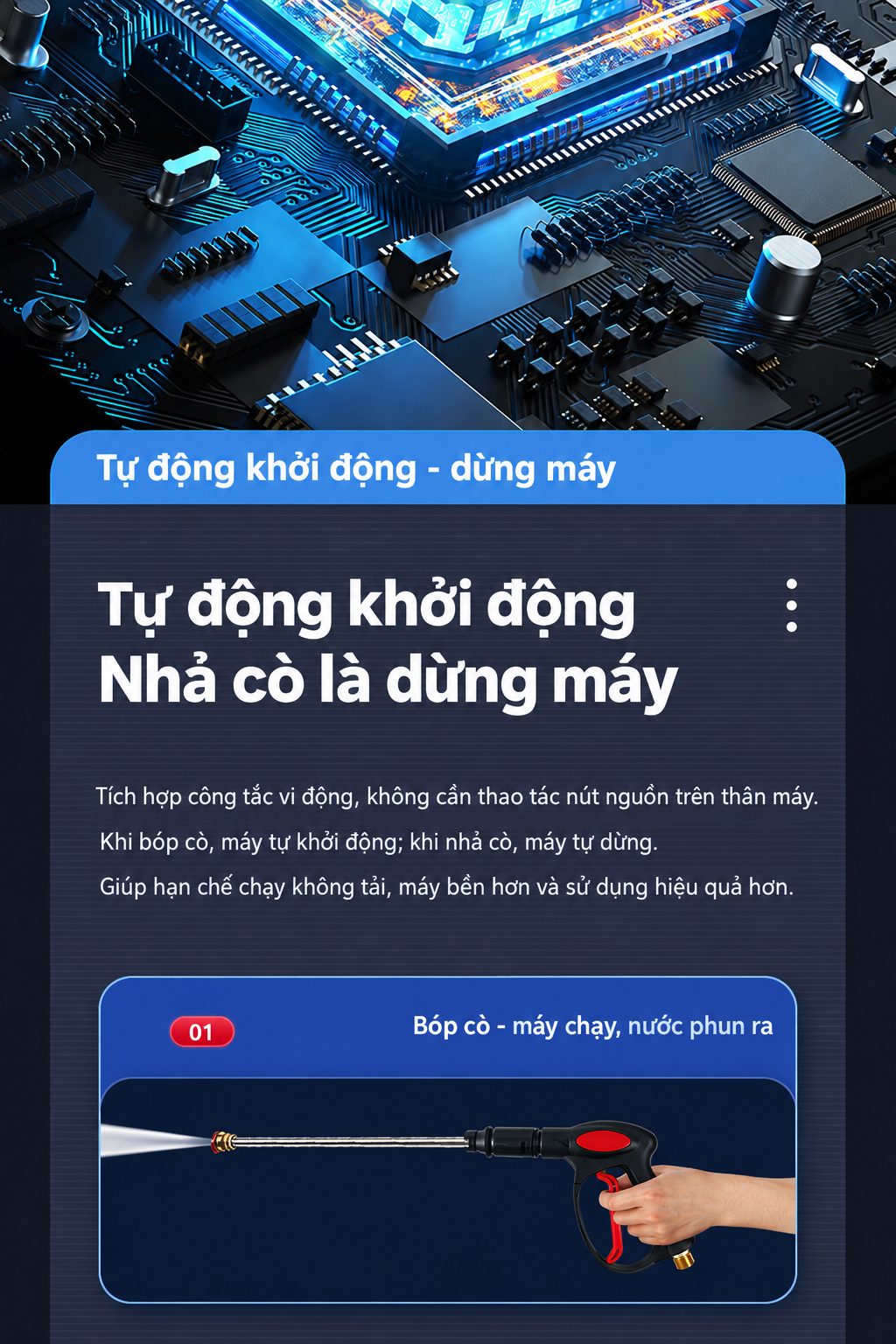 Bóp cò máy chạy, nhả cò máy dừng