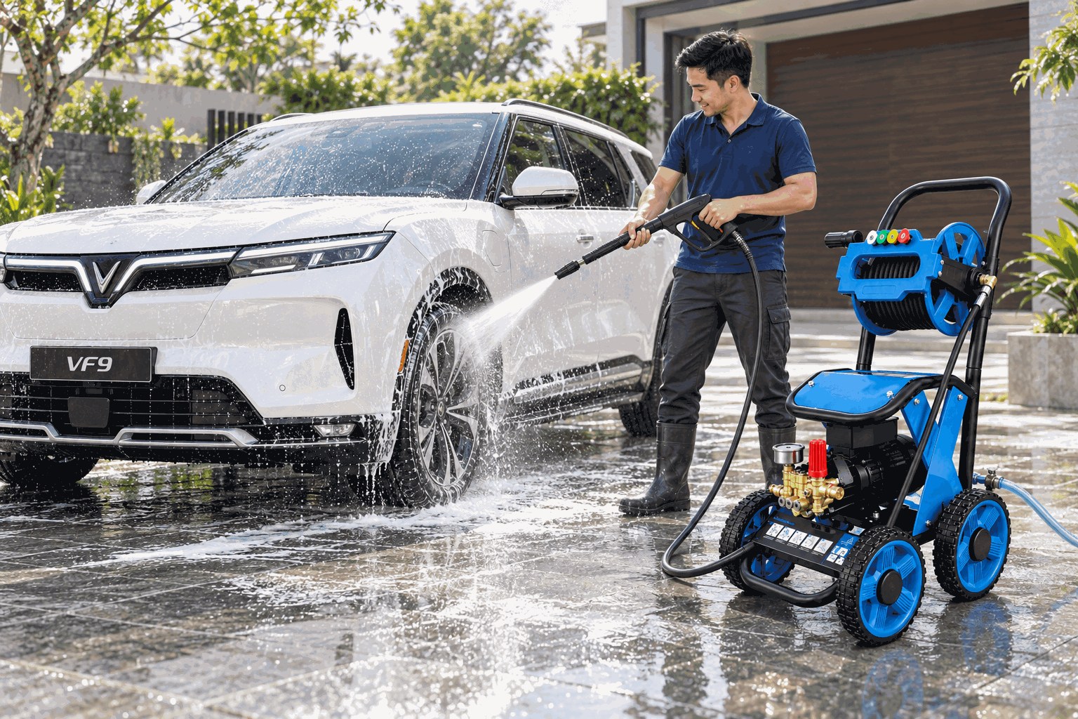 Máy rửa xe cao áp KAW K-4500 rửa xe VinFast VF9 tại sân nhà