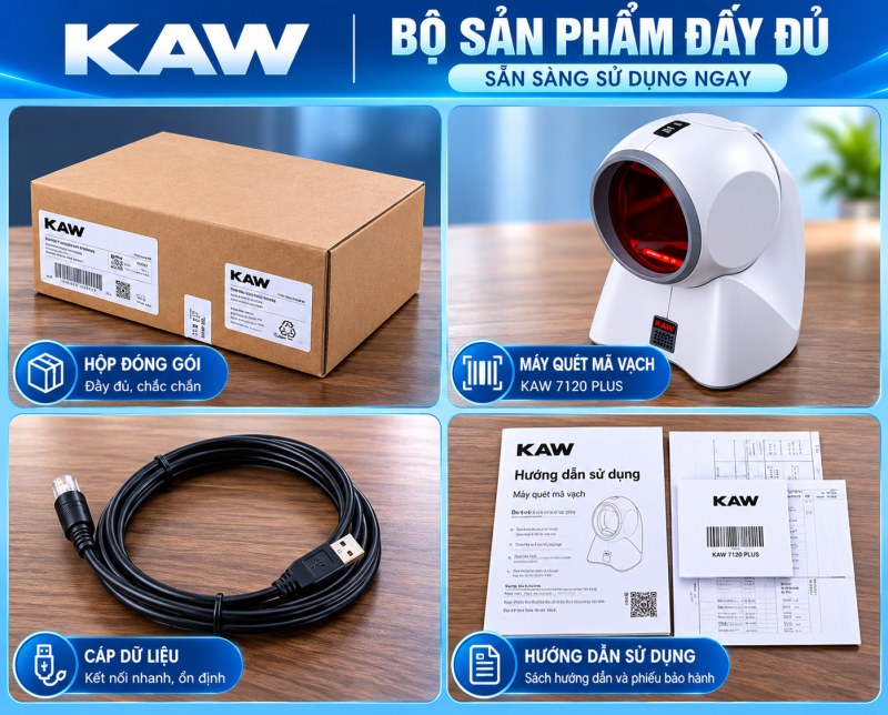 Bộ sản phẩm máy quét mã vạch KAW 7120 đầy đủ phụ kiện