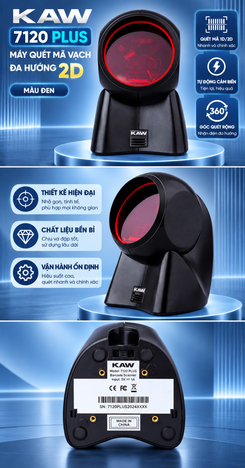 Máy quét mã vạch đa hướng KAW 7120 PLUS 2D màu đen