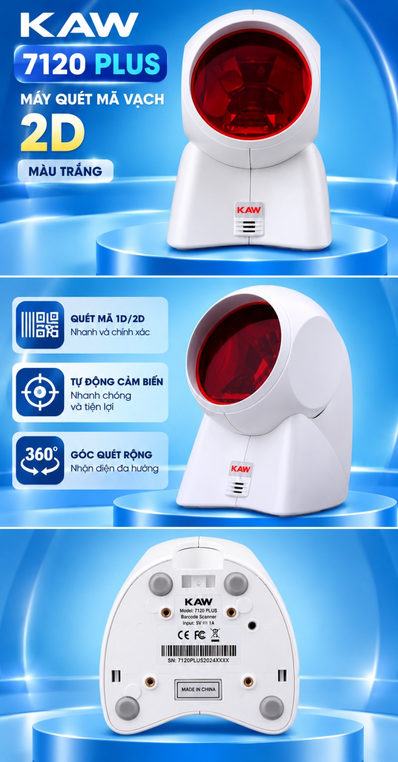 Máy quét mã vạch đa hướng KAW 7120 PLUS 2D màu trắng