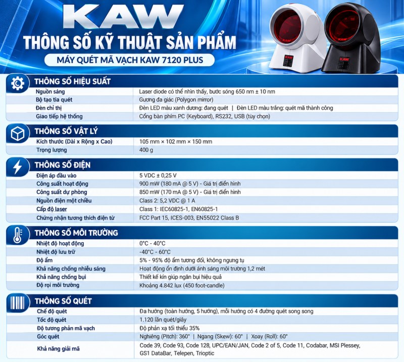 Thông số kỹ thuật máy quét mã vạch KAW 7120