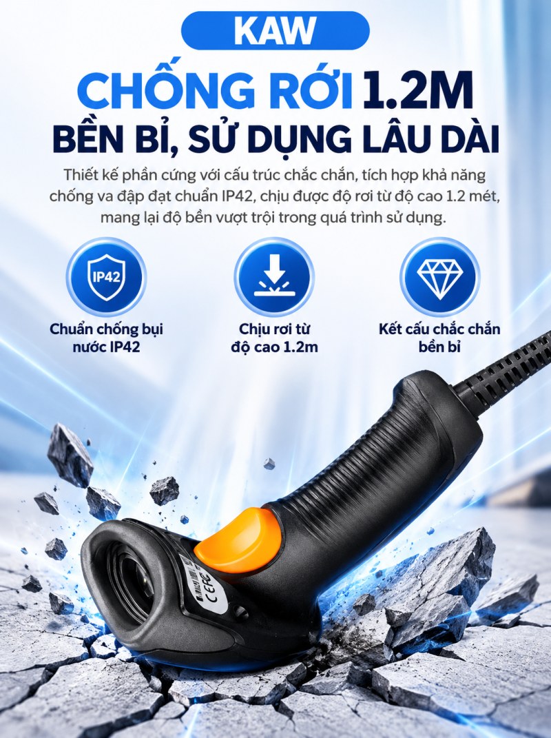 Máy quét mã vạch KAW NLS-HR22 chống rơi 1,2 m, chuẩn IP42