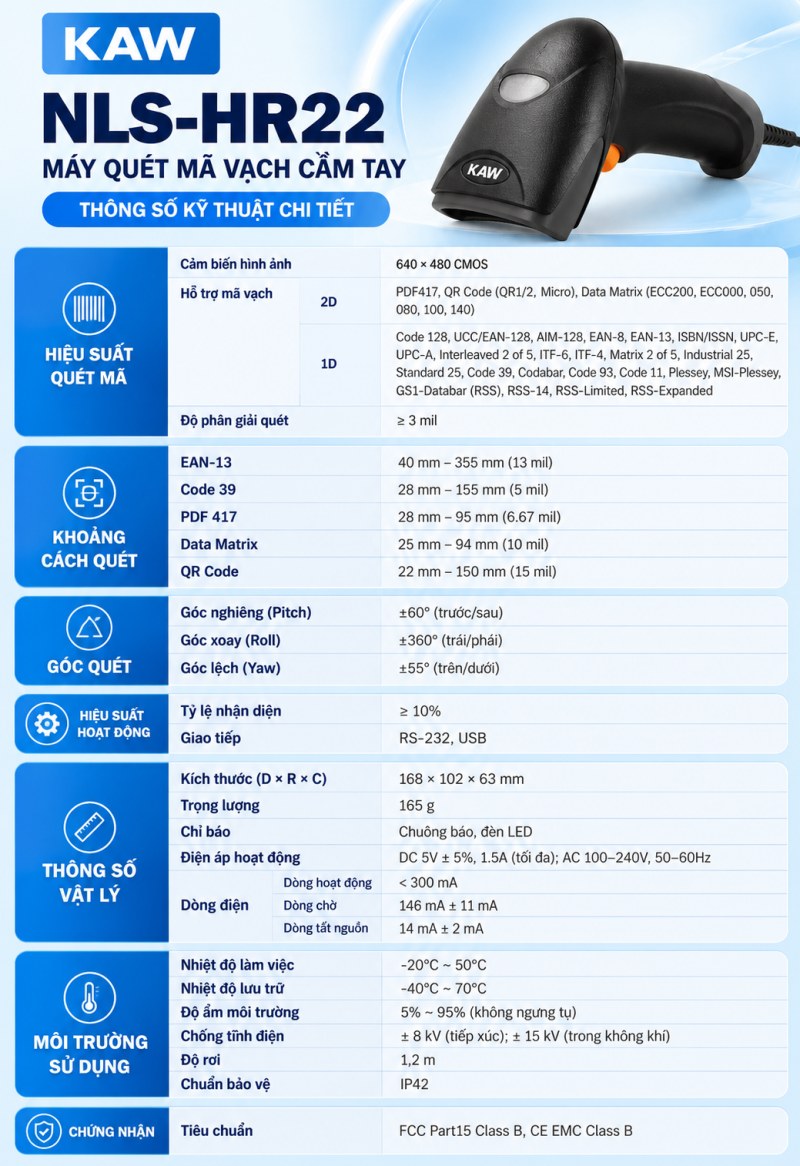 Thông số kỹ thuật máy quét mã vạch cầm tay KAW NLS-HR22