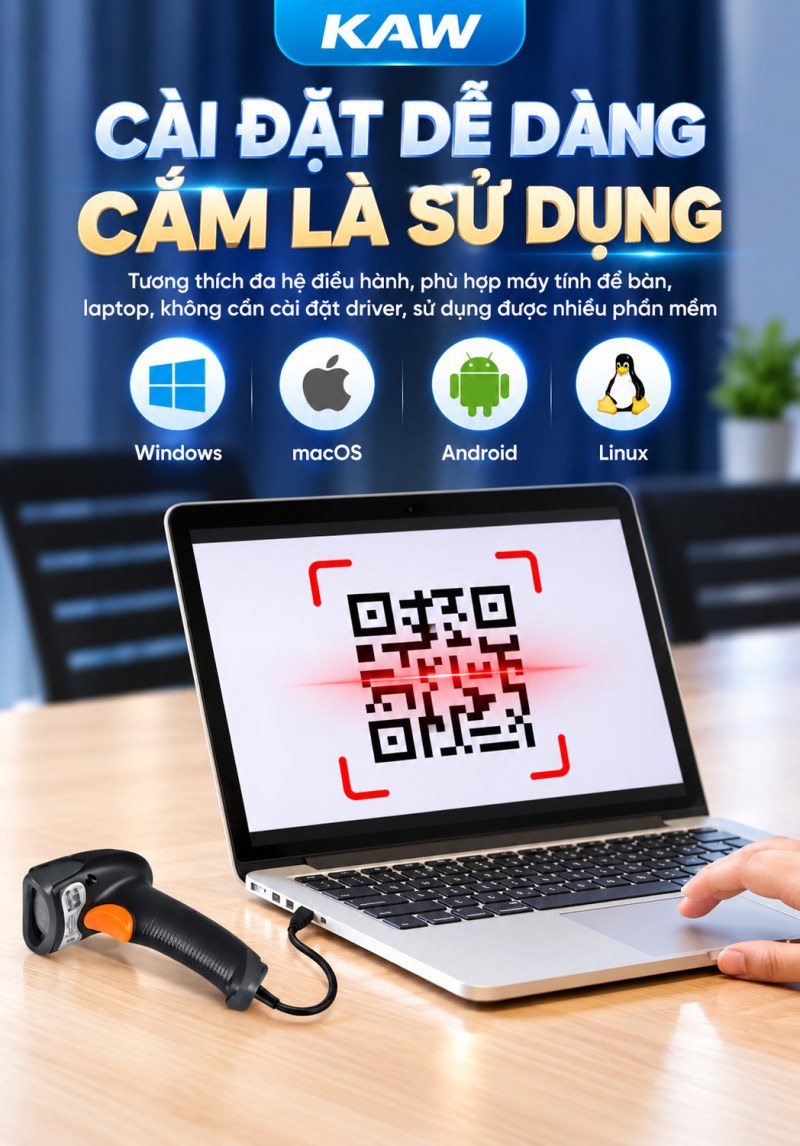 Máy quét mã vạch KAW NLS-OY20 cài đặt dễ dàng, cắm là dùng