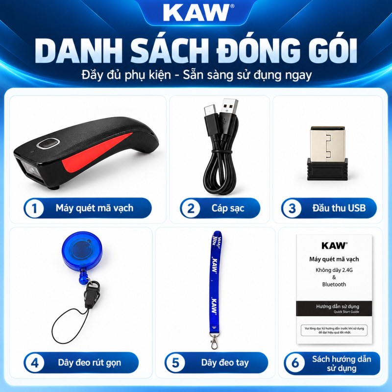 Danh sách đóng gói máy quét mã vạch mini KAW