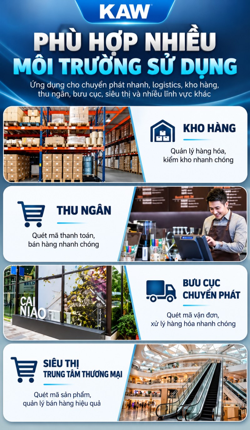 Máy quét mã vạch mini KAW phù hợp kho hàng, thu ngân, bưu cục