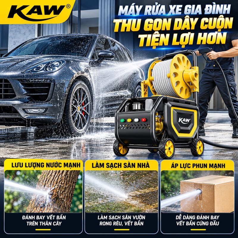 Máy rửa xe gia đình thu gọn dây cuộn tiện lợi