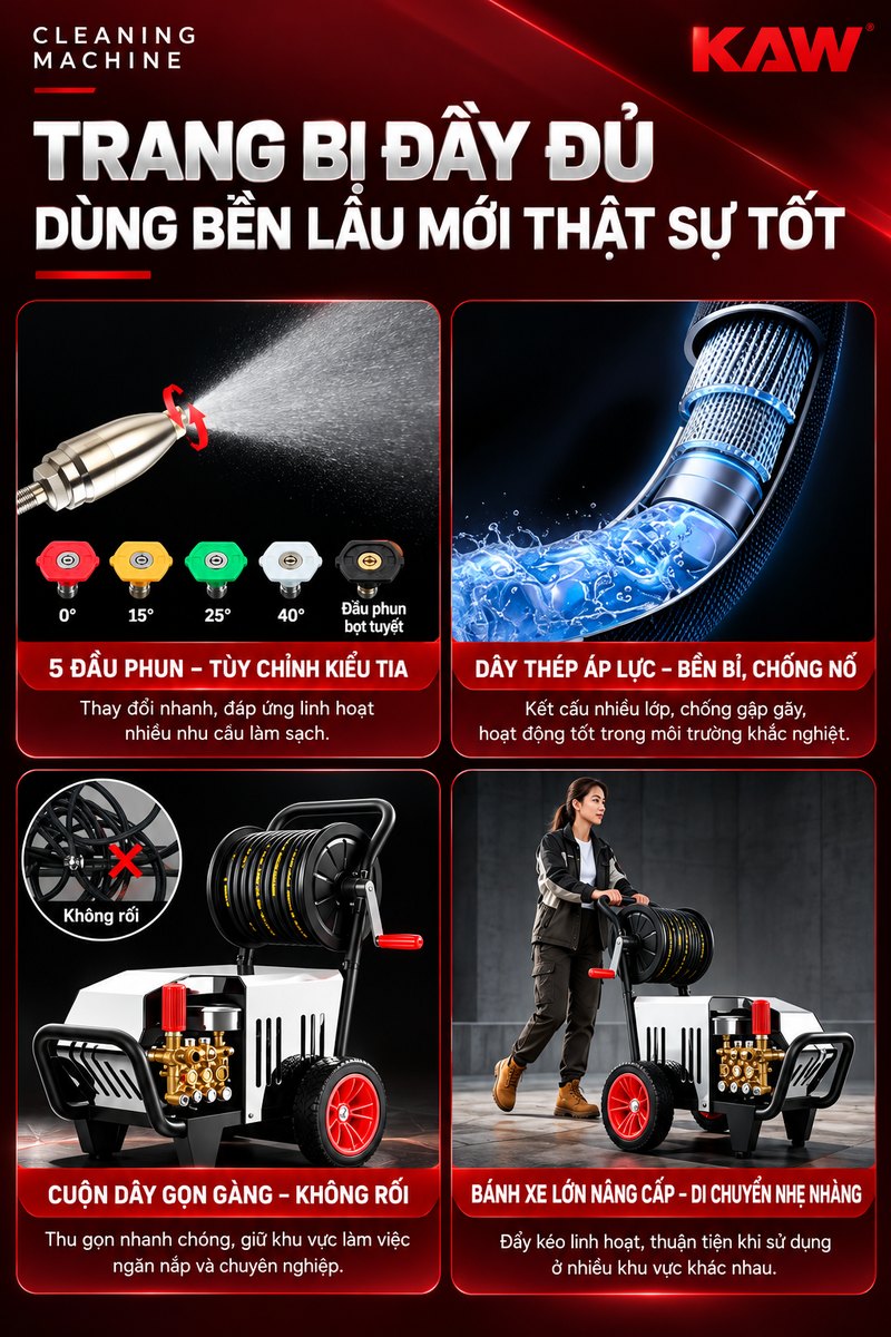Phụ kiện máy rửa xe KAW: đầu phun, dây áp lực, cuộn dây, bánh xe