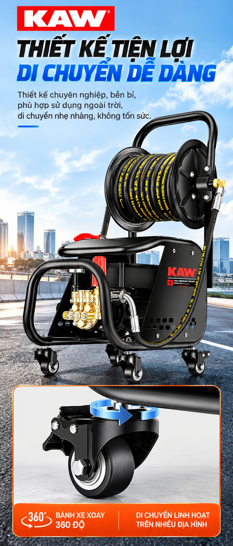 Bánh xe xoay 360°, di chuyển dễ dàng