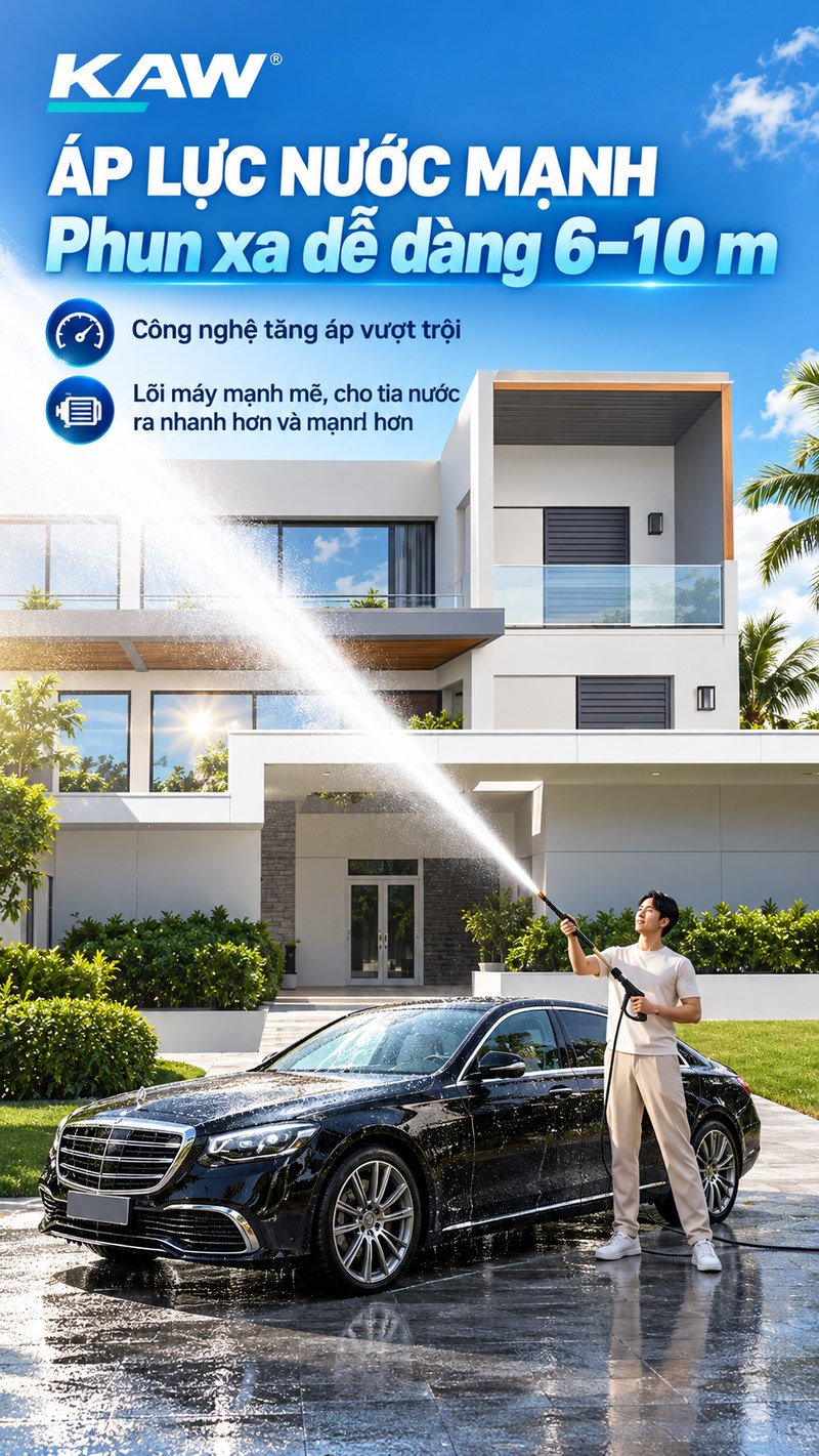 Áp lực nước mạnh, phun xa 6 – 10m