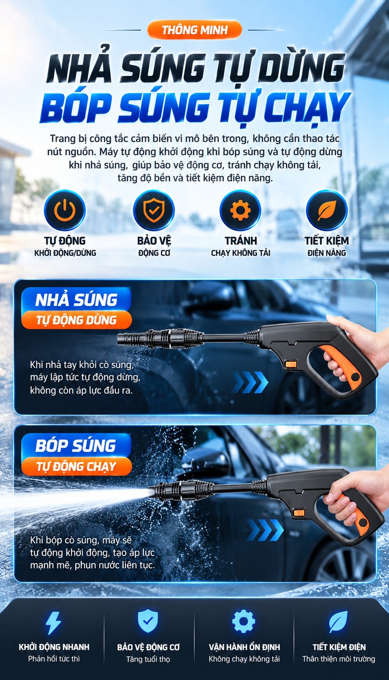 Nhả súng tự dừng, bóp súng tự chạy