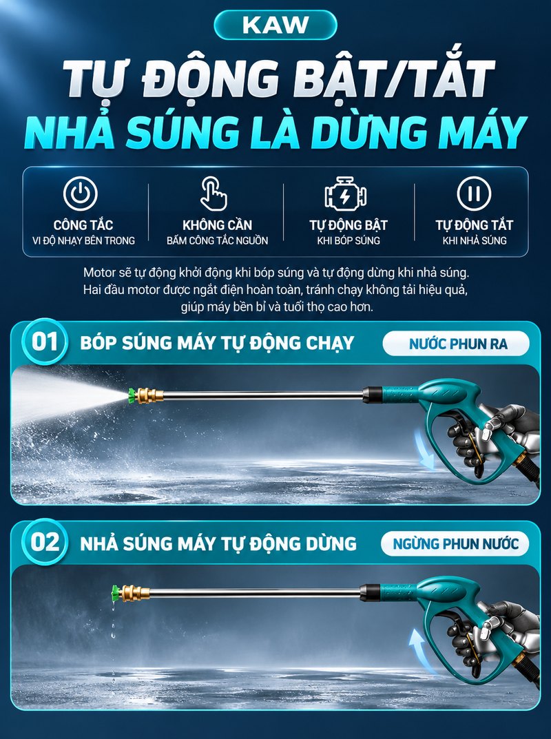 Tự động bật/tắt, nhả súng là dừng máy