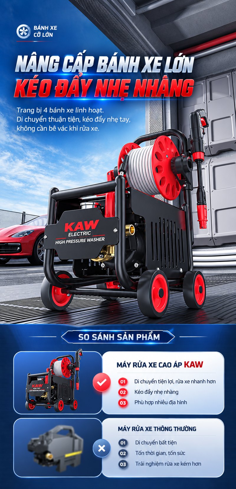 Nâng cấp bánh xe lớn, kéo đẩy nhẹ nhàng