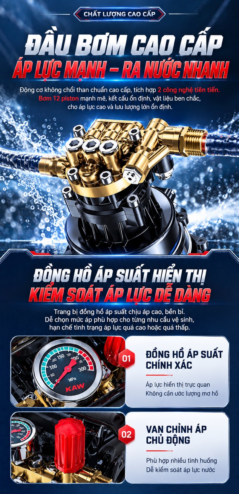 Đầu bơm cao cấp, đồng hồ áp suất hiển thị