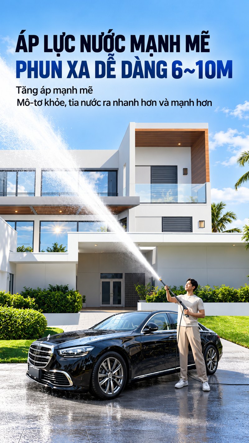 Áp lực nước mạnh mẽ, phun xa 6 – 10m