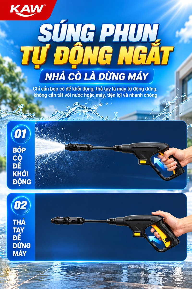 Súng phun tự động ngắt, nhả cò là dừng máy