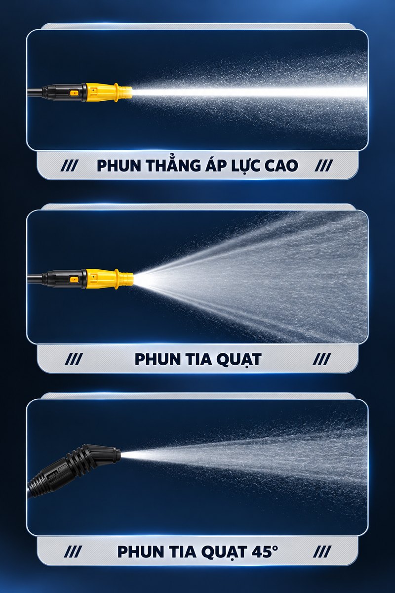 Các kiểu phun: tia thẳng, tia quạt, tia quạt 45 độ