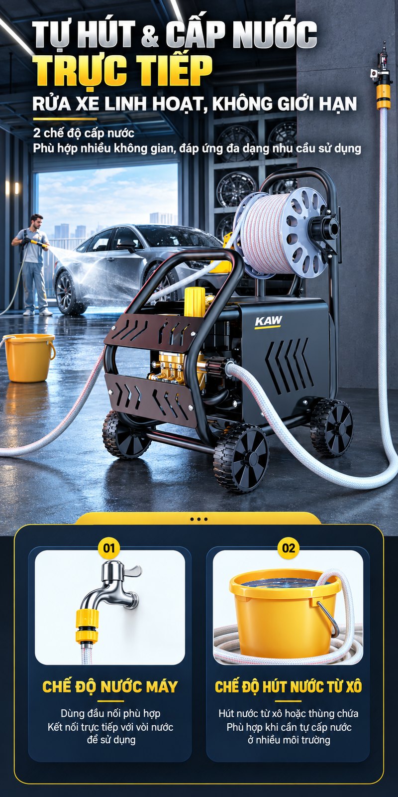Tự hút và cấp nước trực tiếp 2 chế độ