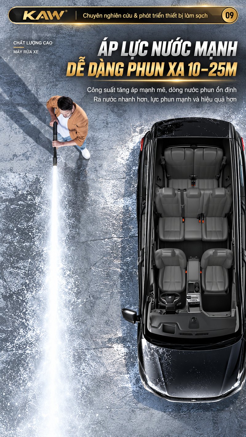 Áp lực nước mạnh, phun xa 10 – 25m