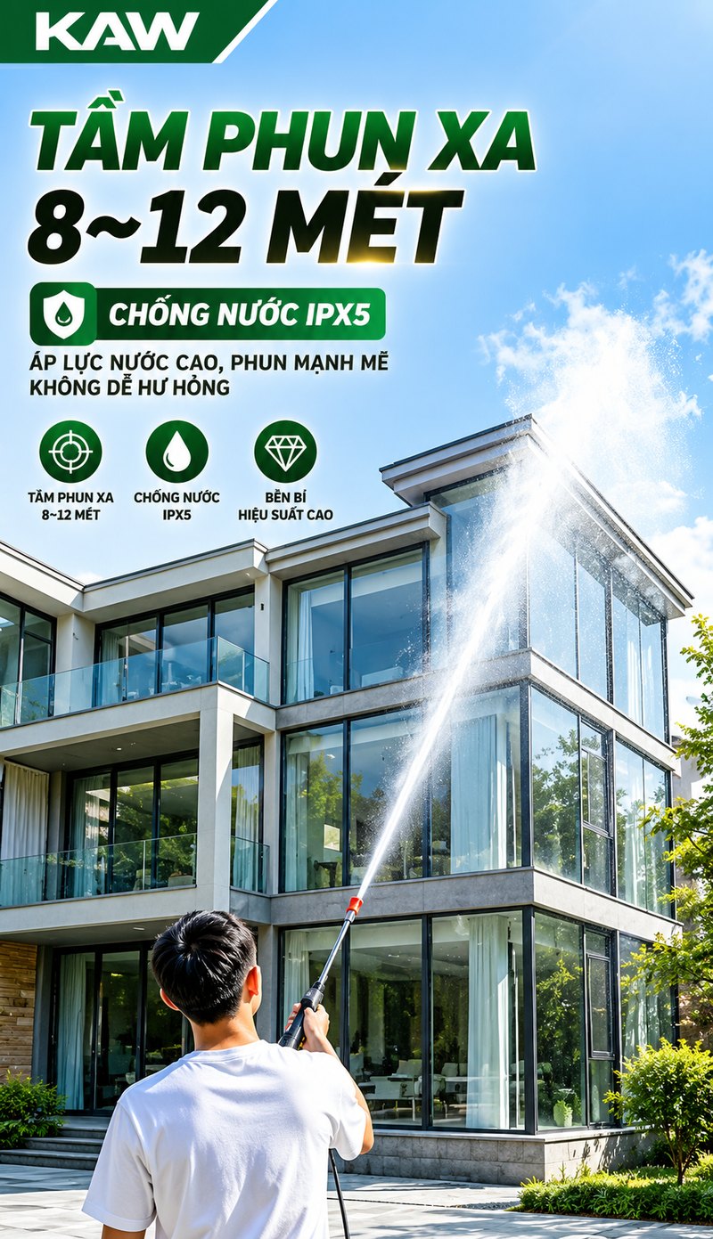 Tầm phun xa 8 – 12 mét, chống nước IPX5