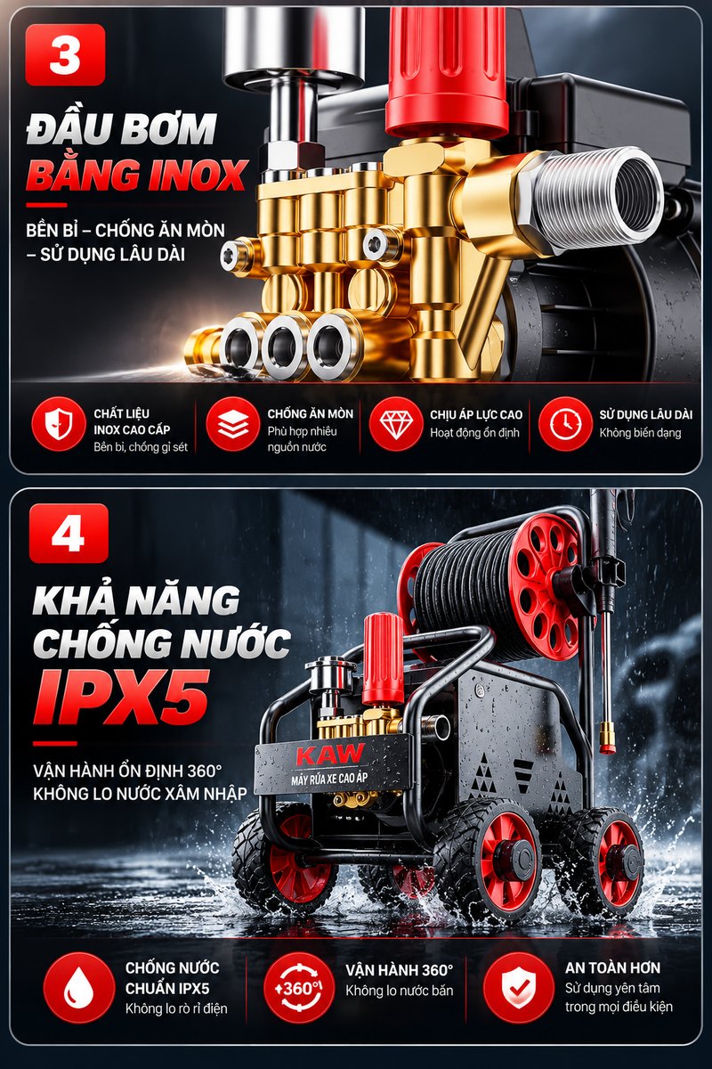 Đầu bơm inox và khả năng chống nước IPX5