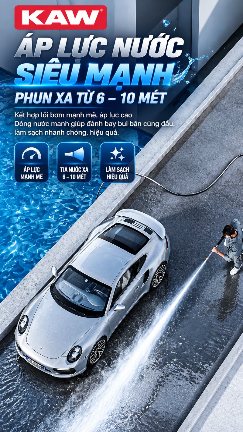 Áp lực nước siêu mạnh, phun xa 6 – 10 mét